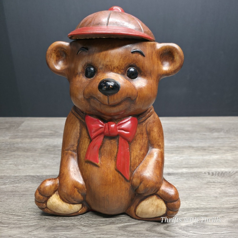 Vintage Treasure Craft USA Brown Teddy Bear Cookie Jar - Wearing Cap And Bow